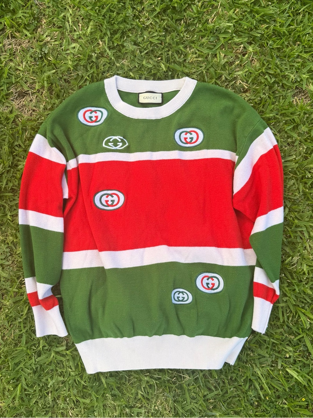 Gucci Green, Red & White Striped Crewneck Sweater with Logo Patches - Picture 2 of 4